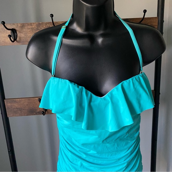 Bleu by Rod Beattie Shirred Ruffle Bandeau Mio One-Piece Swimsuit Wave Runner 8 - Picture 3 of 7